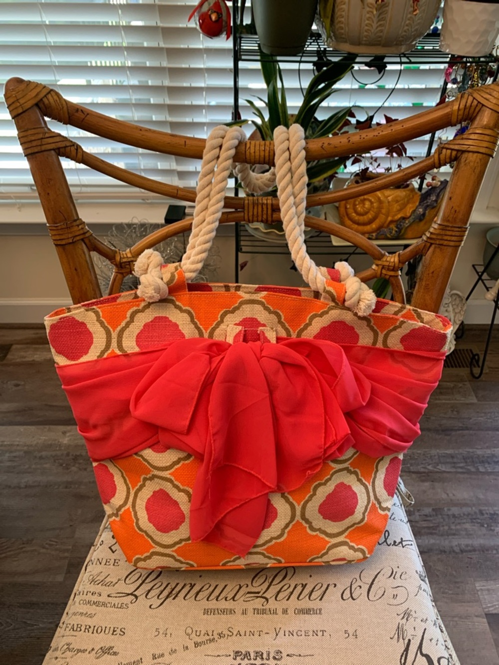 Mud Pie Orange and Coral Geometric Tote with Rope Handles